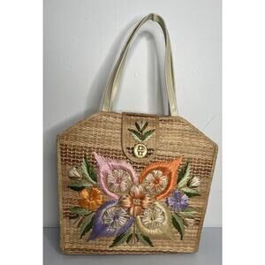 Vtg Straw Raffia Handbag Purse Bags by Whidby Embroidered Flowers Philippines